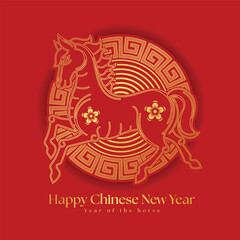Obraz na płótnie Canvas Happy chinese new year, Year of the horse - Gold line chinese horse zodiac on circle chinese line frame red background vector design