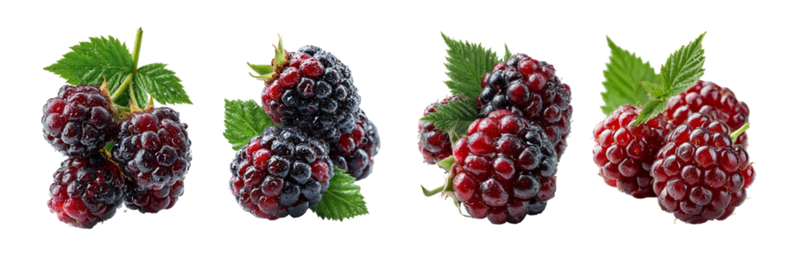 Four clusters of ripe red and dark purple mulberries with green leaves isolated on transparent background