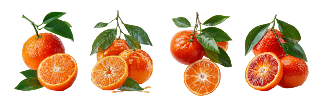 Four ripe blood oranges with green leaves hanging from branches isolated on transparent background - Powered by Adobe