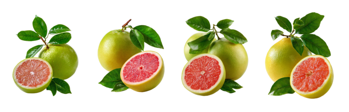 Four whole ripe grapefruits with green leaves and two cut in half showing juicy pink flesh isolated on transparent background