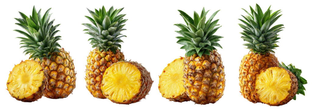Four ripe pineapples with two cut in half showing juicy yellow flesh isolated on transparent background