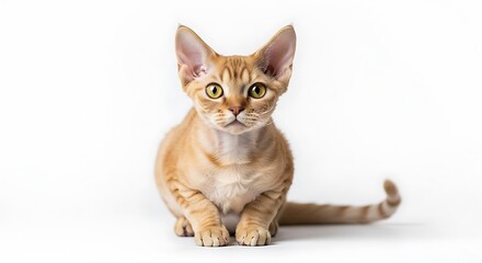 Orange tabby cat with large ears sits on a white background.