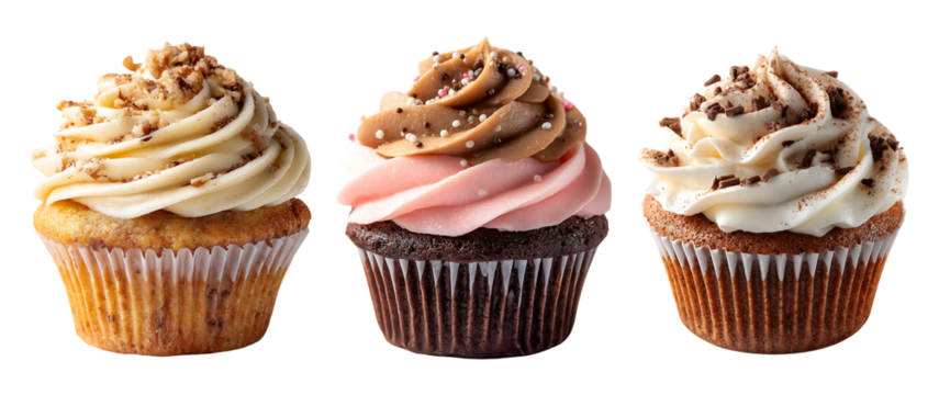 Three delicious frosted cupcakes with different toppings and frosting flavors arranged in a row isolated on transparent background
