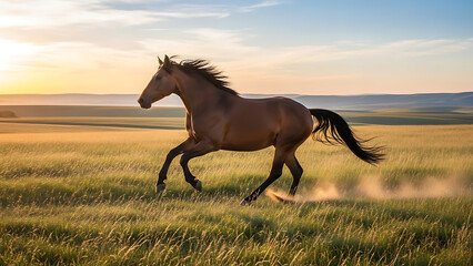 Fototapeta premium Horse Galloping across Open Field at Sunset