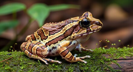 Fototapeta premium Striped amphibian rests on mossy branch in natural forest setting.