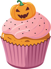 a delightful pink cupcake with a carved pumpkin on top for halloween