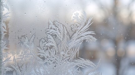 Macro shot of delicate frost patterns on a windowpane. Winter ice crystals forming fern-like shapes on glass. Abstract frozen texture background