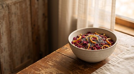 A bowl of homemade potpourri with dried flowers on a rustic wooden table. Natural aromatherapy blend with lavender, rose petals, and orange peel for home fragrance and wellness