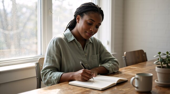 A Black woman writing her thoughts in a journal at a wooden table. Young author planning her day in a notebook at home in a sunlit room