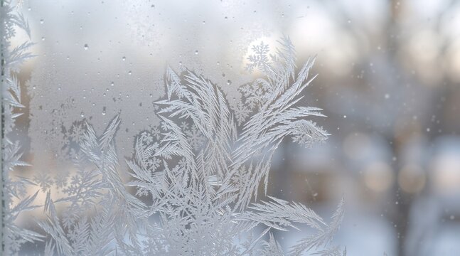 Macro shot of delicate frost patterns on a windowpane. Winter ice crystals forming fern-like shapes on glass. Abstract frozen texture background - Powered by Adobe