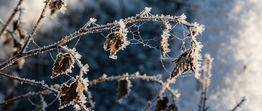 A delicate branch with dry leaves and a spiderweb covered in sparkling hoar frost. Close-up of ice crystals on a cold winter morning. Natural frozen background banner - Powered by Adobe