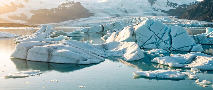 Icebergs drift in a glacial lagoon at sunset in Iceland. Majestic arctic landscape with a large glacier and snow-covered mountains in the background