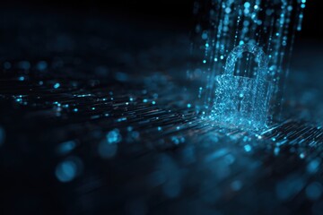 Digital security lock surrounded by streams of data in a cyber environment emphasizing cybersecurity importance and modern technology