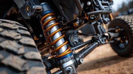 Fototapeta premium Suspension system showcasing premium engineering in off-road vehicle on rough terrain under bright sunlight