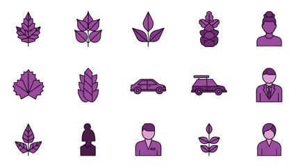 A collection of various purple-themed icons including plants, cars, and people on a white background.