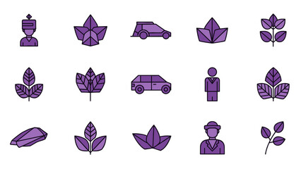 A collection of flat design vector icons featuring people, vehicles, and stylized leaves with purple fills and black outlines.