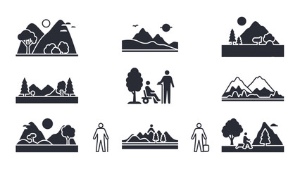 Collection of black and white icons depicting mountains, hiking, camping, and outdoor activities with people and trees, illustrating nature and adventure.