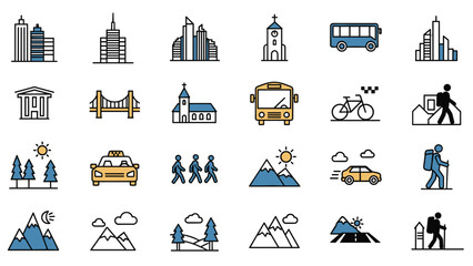 Collection of diverse vector icons representing urban architecture, various modes of transport, and outdoor nature activities like hiking and mountains.