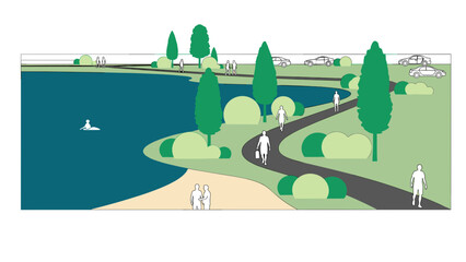 A graphic illustration of a park by a lake with people walking, swimming, and enjoying nature.