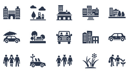 A collection of silhouette icons depicting urban buildings, various cars, groups of people, and natural elements like trees and flowers.