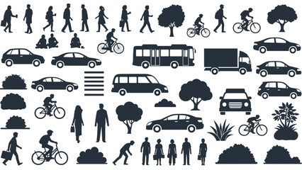 Silhouettes of people, various vehicles, trees, and bushes depicting urban and suburban life elements.