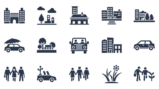 A collection of silhouette icons depicting urban buildings, various cars, groups of people, and natural elements like trees and flowers.