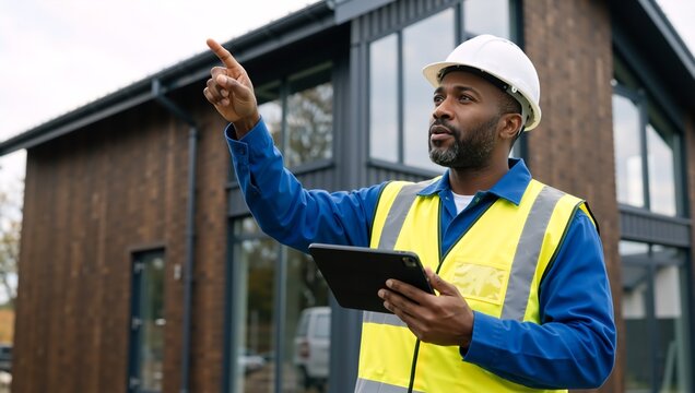 African American construction manager pointing at a modern house. Professional architect with tablet inspecting a residential building site