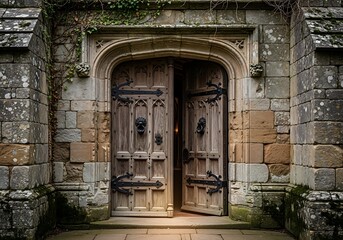 Old wooden doors with lion knocker stand open in stone building.