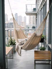 Naklejka premium Empty beige hammock hanging on a modern apartment balcony. Vertical photo of cozy outdoor patio with city skyline view. Urban relaxation concept