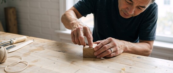 Middle-aged Asian craftsman assembling a cardboard box on a wooden table. Man working on handmade packaging in a workshop with tools. Small business and DIY concept. Panoramic banner