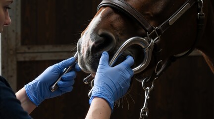 A veterinarian in blue gloves examines a horse's mouth. Equine dental care and medical checkup in a stable