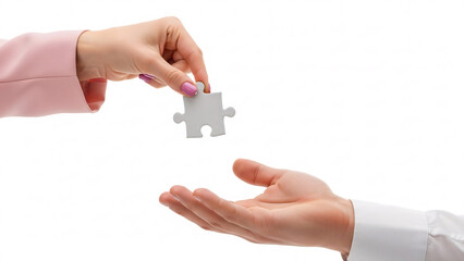 A woman's hand gives a single jigsaw puzzle piece to a man's open hand, symbolizing a solution and partnership.