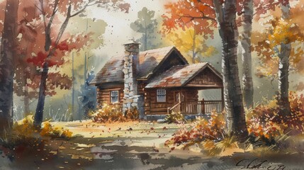 Watercolor painting of a rustic cabin in autumn forest scenery with trees