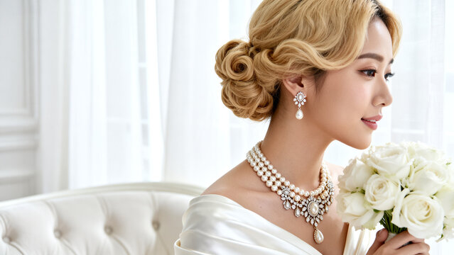 Woman with elegant hairstyle and bouquet