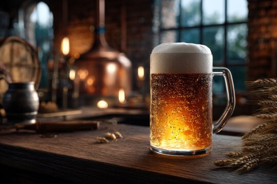 Frosty Pilsner beer in a transparent mug on a rustic wooden bar counter, set in a warm, inviting brewery atmosphere during evening hours