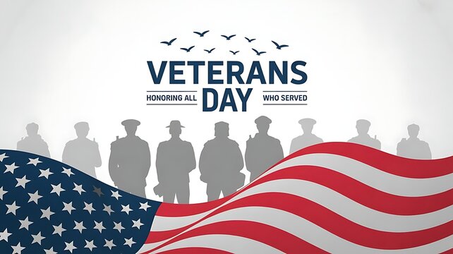 Veterans day graphic featuring silhouettes of service members and a flag