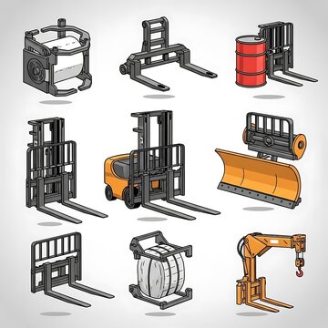 Set of industrial forklifts and their attachments for material handling.