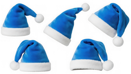 Blue christmas santa hats with white trim and fluffy pom-poms