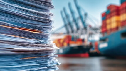 Stacked logistics paperwork with container ships in the background at a busy transport hub during the day