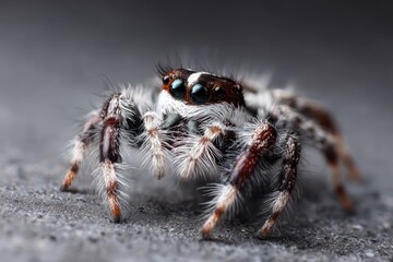 Close up view of a white banded house jumping spider displaying fine details on its fur and eyes in natural light setting