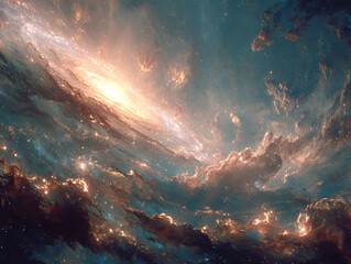 Obraz premium a swirling nebula with a bright, glowing center, surrounded by a mix of dark and illuminated clouds. The colors range from deep blues and blacks to warm yellows and oranges