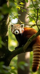 Red panda sits on a tree branch surrounded by green leaves.
