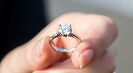 Close-up of a hand holding a beautiful diamond engagement ring, showcasing its sparkling gem and elegant metal band, symbolizing love and commitment