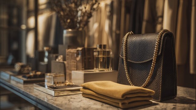 Sophisticated high-end fashion display featuring elegant accessories and luxurious bags in a lavish boutique setting during the day