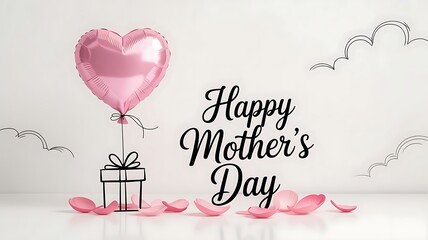 Happy mothers day greeting with pink heart balloon and gift box illustration