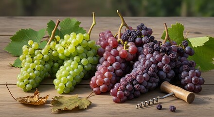 Ripe grapes in multiple colors arranged on a wooden table with leaves.
