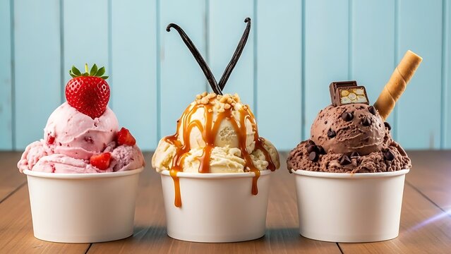 Three paper cups of ice cream with strawberry, caramel and chocolate toppings on wooden table - Powered by Adobe