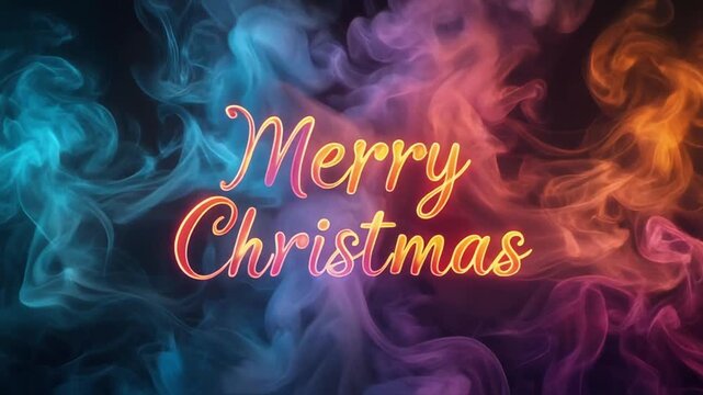 A luminous Merry Christmas message materializing from a mystical cloud of colorful, swirling smoke and festive energy