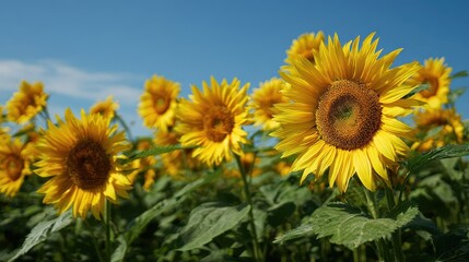 Obraz premium Bright sunflowers bloom under a clear blue sky, creating a stunning landscape filled with vibrant yellow petals in early summer