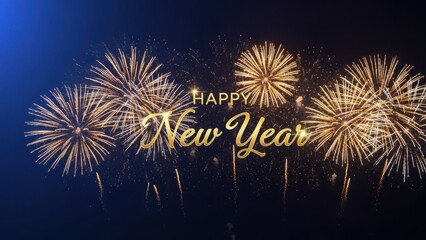 Golden happy new year text with sparkling fireworks exploding in the dark night sky